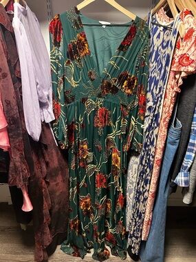 Baltic Born Green Maxi Dress with Red and Gold Floral Print